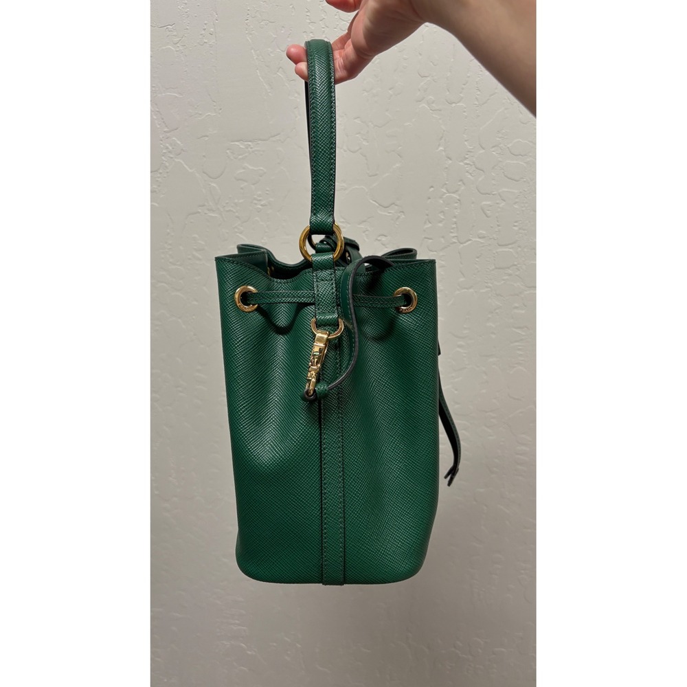 Prada Saffiano Leather Bucket Bag Green Gold Hardware Crossbody 1BE032 - Picture 4 of 10